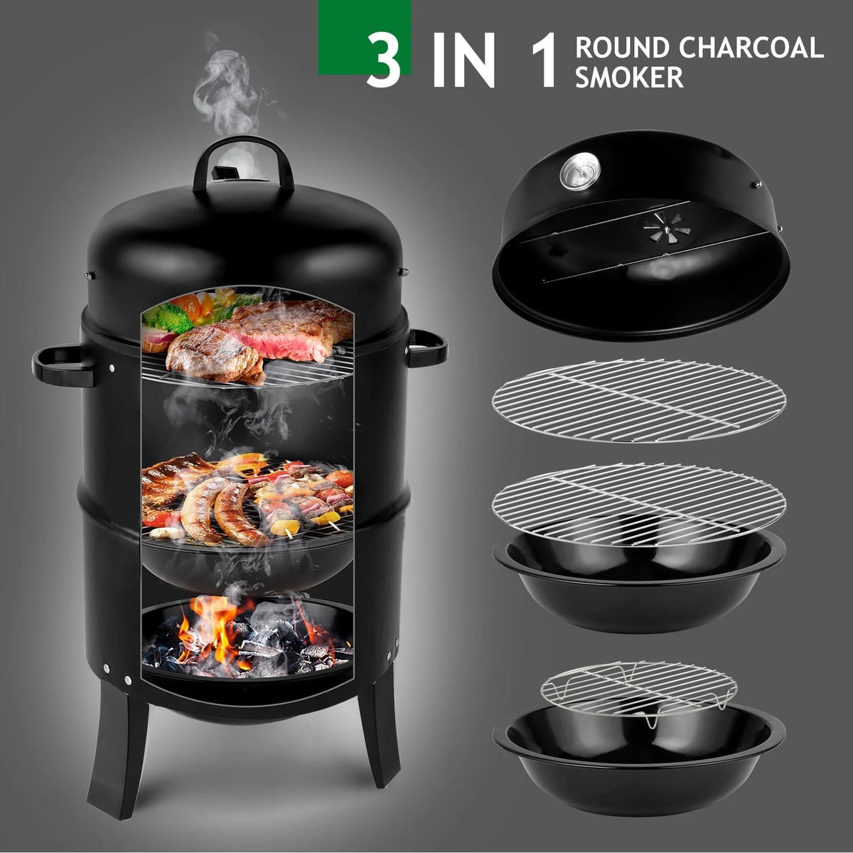 Seizeen 16" Smoker Outdoor 3-in-1 Charcoal Grill, Portable BBQ Grill Fire Pit Combo Double-layer Design