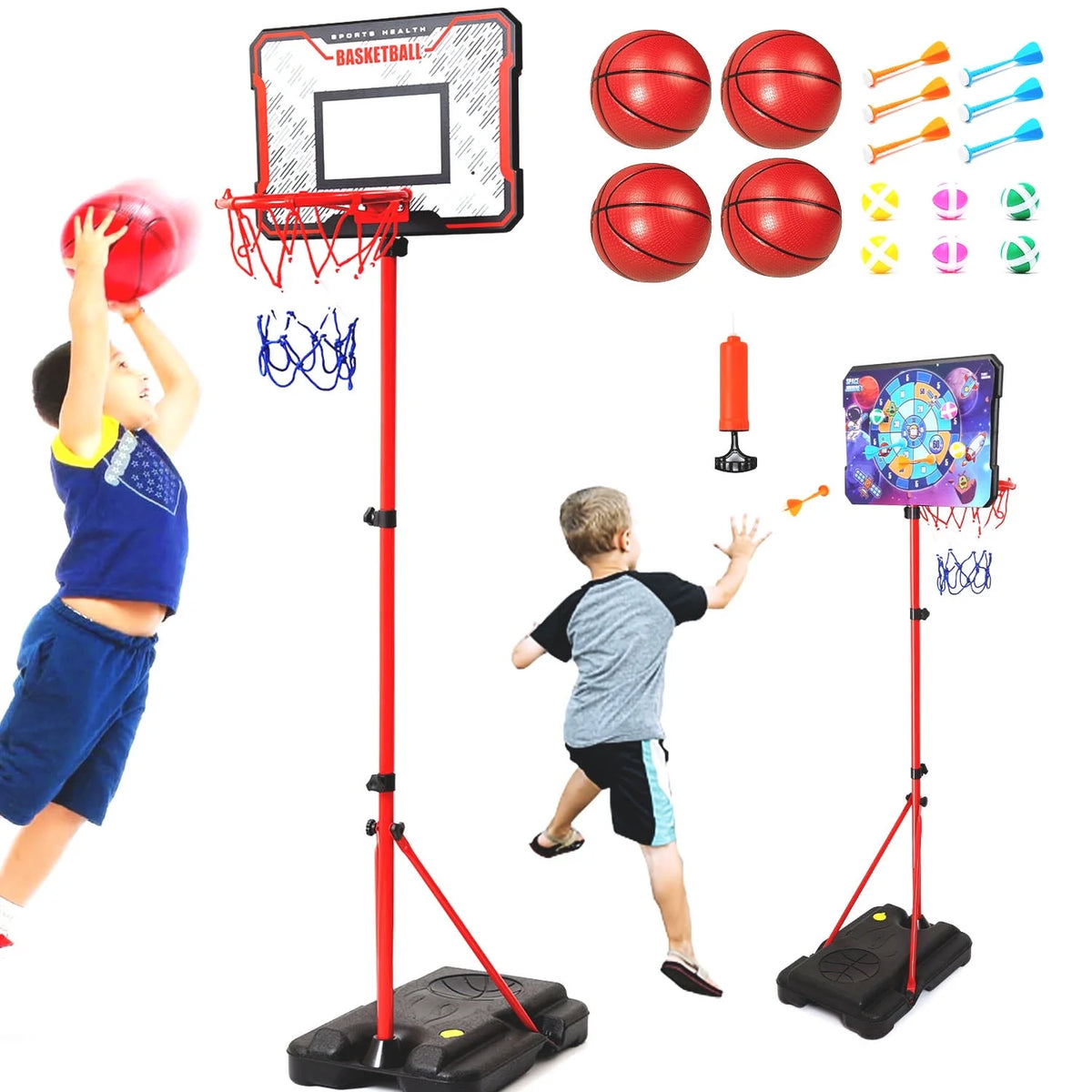 JoyStone Kids Basketball Hoop, 2-in-1 Toddler Basketball Goal with Dart Board & 4 Balls, Adjustable Height 2.9ft-6.2ft, Outdoor Basketball Toy Gifts for 3-12 Year Old Boys Girls