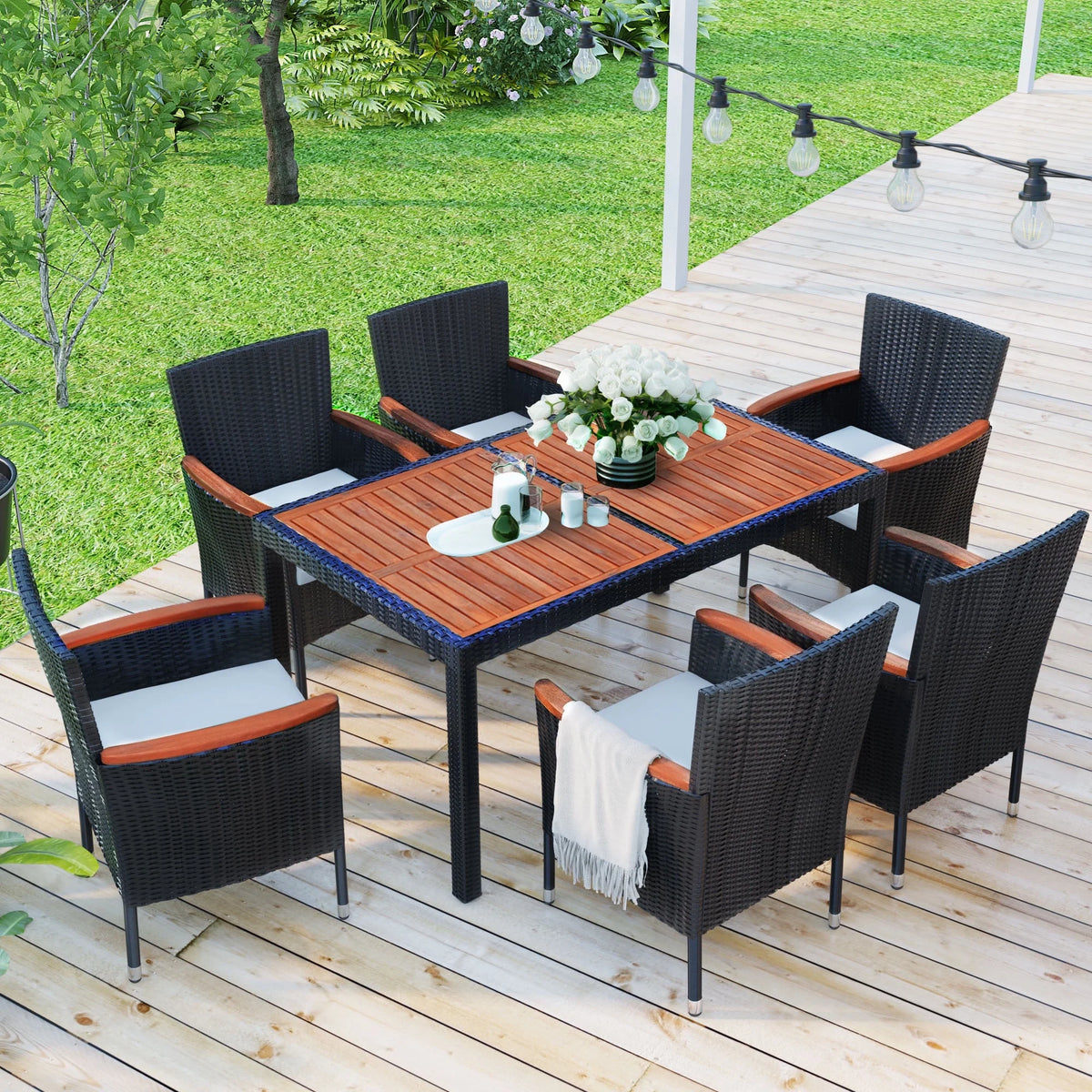SEGMART Wicker Patio Dining Set, 7PCS Outdoor Rattan Table & Chairs Set with Acacia Wood Top & Padded Cushions, Deck Furniture Dining Table Set, Garden Porch Backyard Sectional Conversation Set