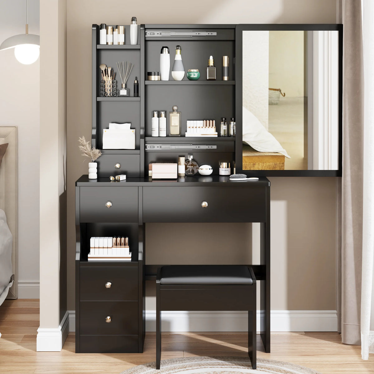 PORKISS Vanity Set with Sliding Mirror for Girls, Vanity Desk with Cushioned Stool and 4 Storage Drawers, Multi-Layer Shelves, Dressing Table for Small Bedroom, Black