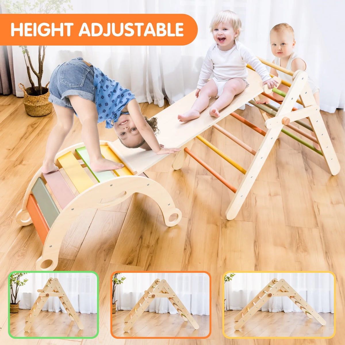 deli Wooden Montessori Pikler Triangle Climber Set for Toddlers, with Arch, Ramp, Ladder, and Indoor Jungle Gym for Kids