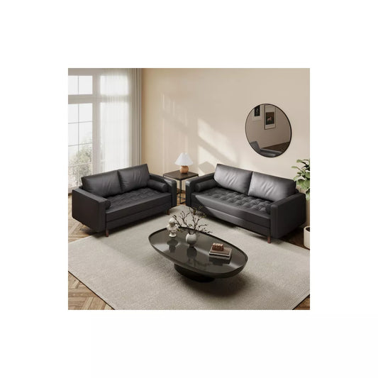 Luige 2 Piece Mid-Century Modern Square Arm Faux Leather Sofa and Loveseat Set - Tree City