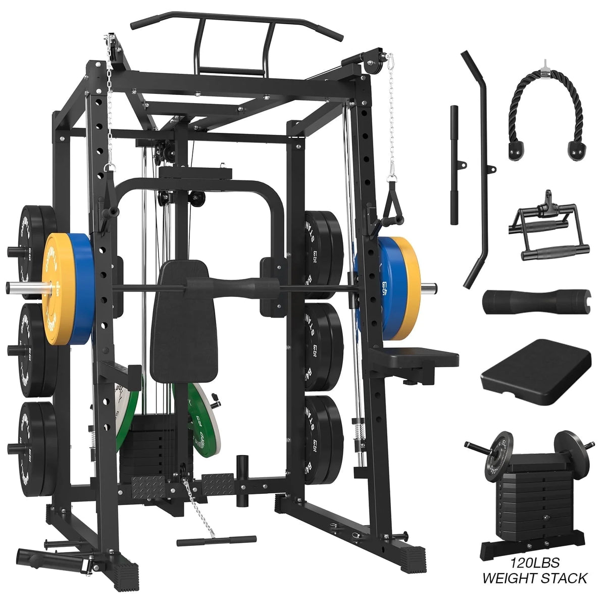 Mikolo Smith Machine with 120LBS Weight Stack, 2000LBS Power Cage Squat Rack, Pec Deck Machine with LAT Pull-Down, Cable Crossover with Dual Pulley Functional Trainer for Home gym