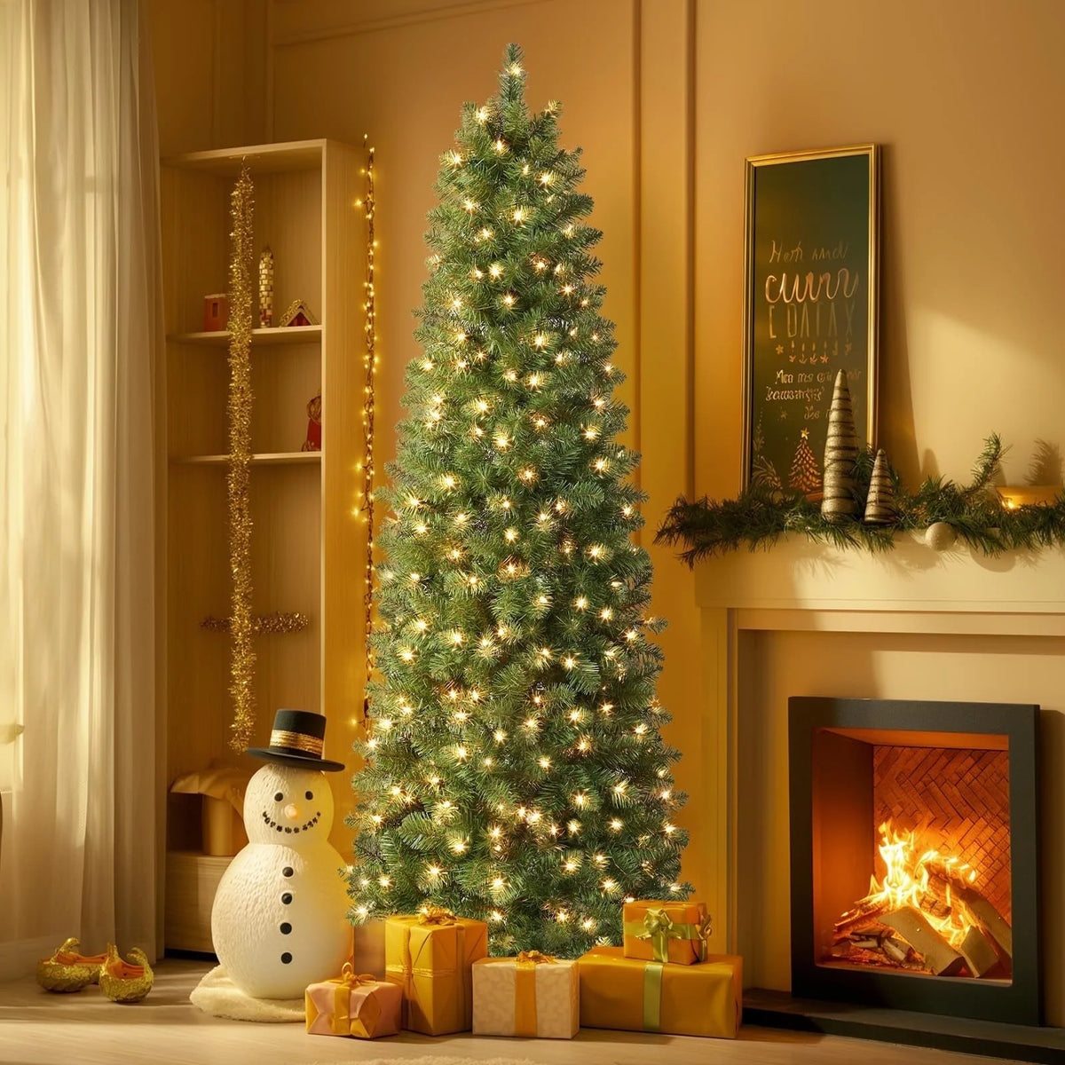 RTB-SHareconn 6.5ft Prelit Artificial Slim Pencil Christmas Tree w/ Warm White Lights, Full Branch Tips, Perfect Choice Decoration for Xmas Holiday