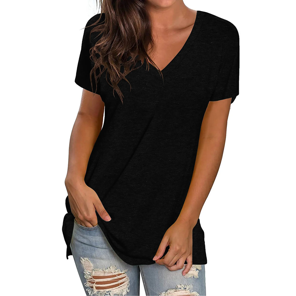 TEMOFON Womens Tops Casual Summer T Shirts V Neck Short Sleeve Tunic Tops Casual Solid Black Loose Shirts for Women Size L
