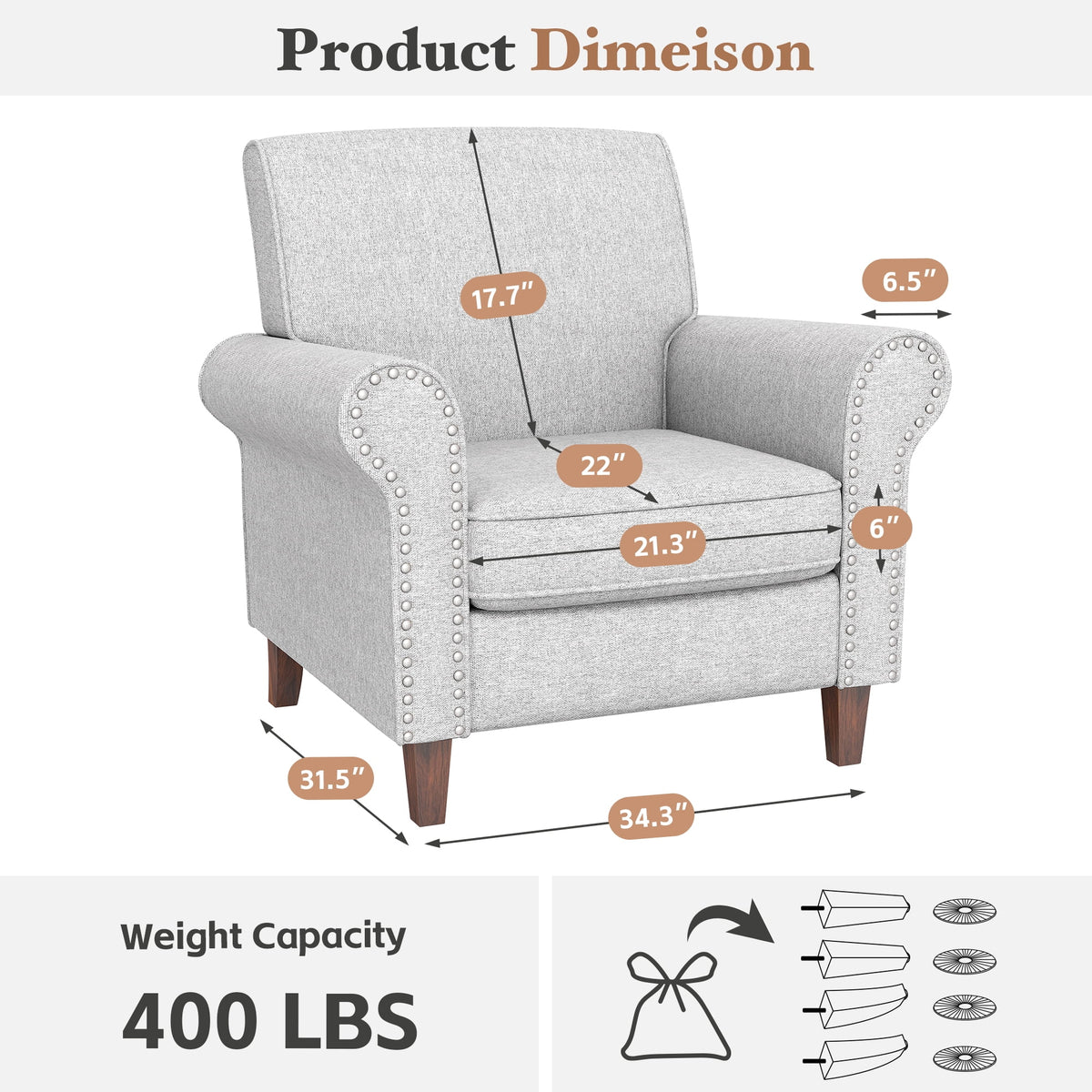TrumanPick Linen Accent Chairs Upholstered Armchair with Nail-Head Trim Cozy Arm Chair for Living Room Bedroom,Gray