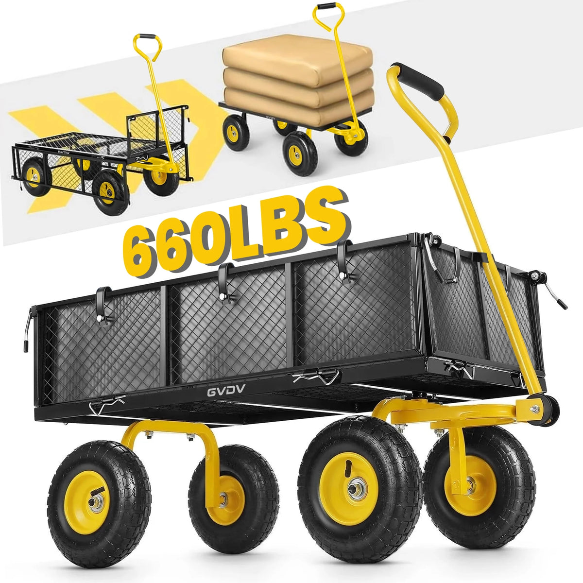 GVDV Heavy Duty Steel Garden Cart with Liner, 660lbs Capacity, 3 Cu ft, 10 All-Terrain Wheels, Black/Yellow – Durable Utility Cart for Yard Work, Hauling, and Outdoor Use