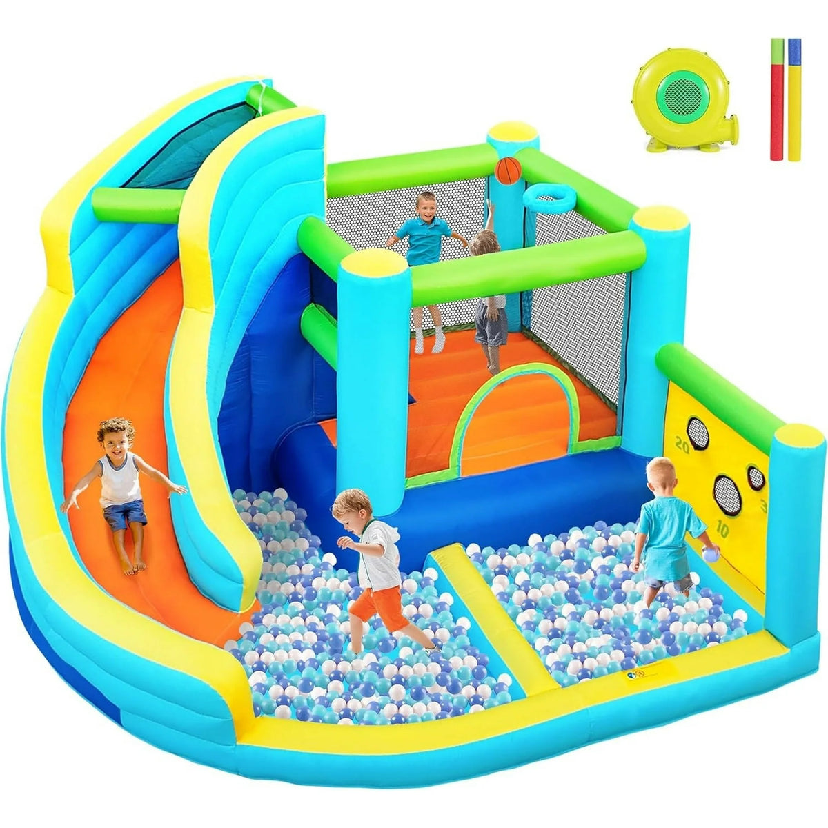 GVDV 12FT Inflatable Bounce House with Water Slide, Ball Shooting, Climbing Wall, Splash Pool  450W Air Blower for Kids Outdoor Fun