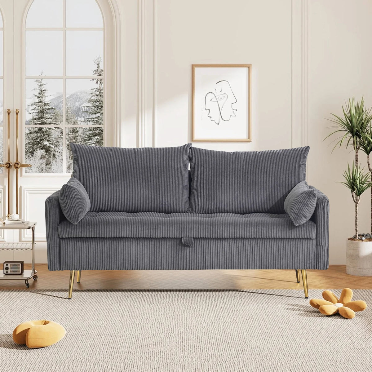 Furniliving 2 Seat Fabric Sofas with 2 Pillow, Modern Small Loveseat Sofa, Upholstered Button Tufted Sofa Couch, Gray