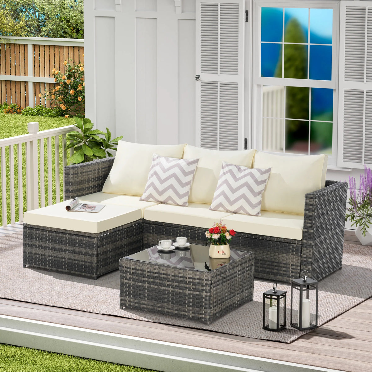 3 Piece Patio Furniture Set, All-Weather Outdoor Sectional Sofa Set, PE Rattan Conversation Set with Table & Cushions, Wicker Furniture Couch Set for Patio Deck Garden Poolside Yard, Beige