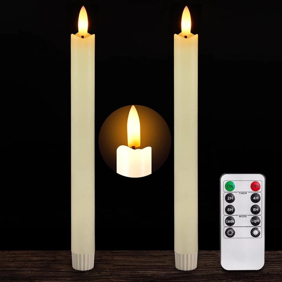 2PCS Real Wax Made Flameless Taper Candles with Remote and Timer, 9.6" Ivory Battery Operated Candle Stick Flickering, Led Taper Candles with Lifelike Flame for Valentine's Day Indo