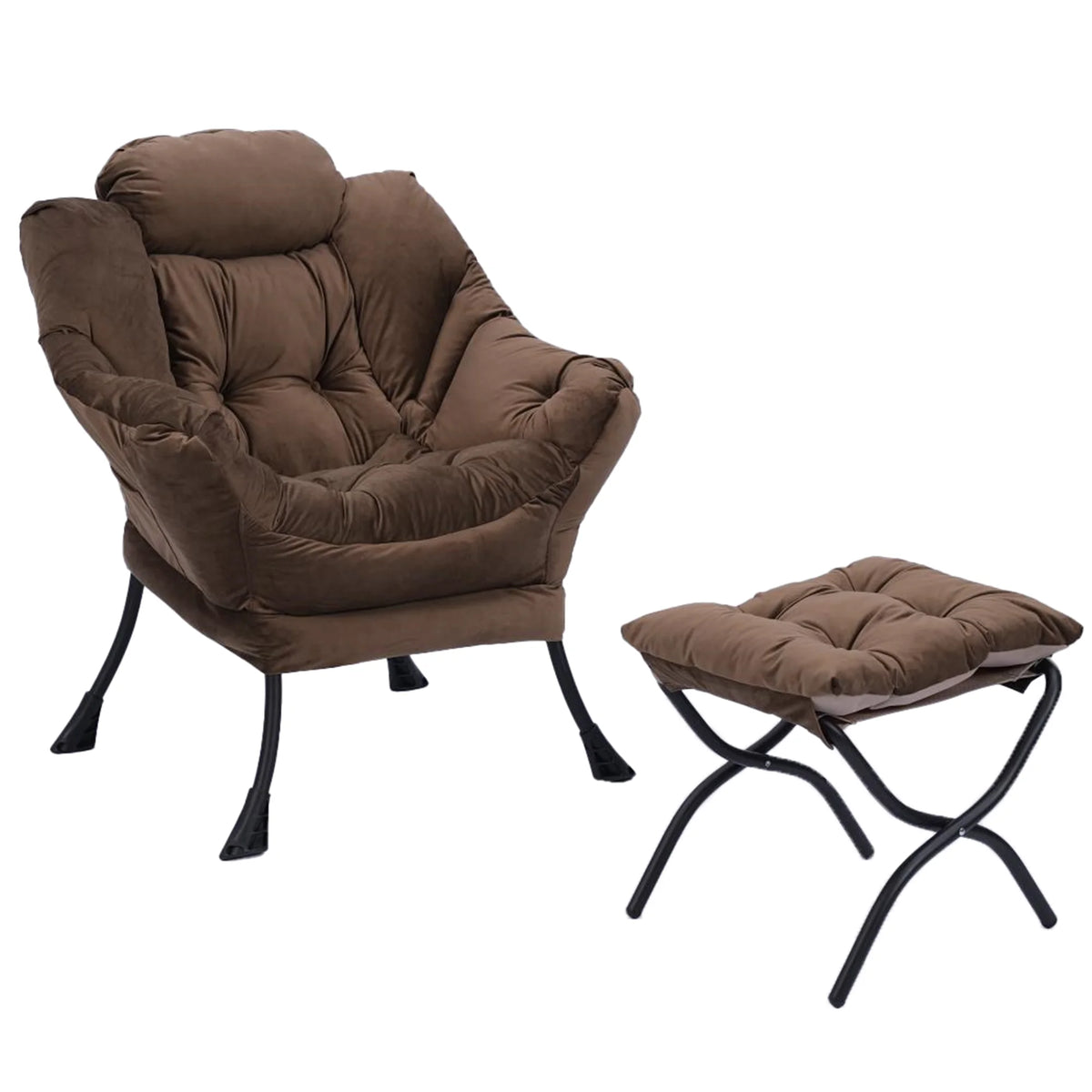 PAPROOS Fabric Lazy Chair with Foldable Ottoman, Large Accent Chair and Footrest Stool Set, Comfy Lounge Arm Chair with Footstool Set, Reading Chair Leisure Sofa Chair for Living Room, Brown