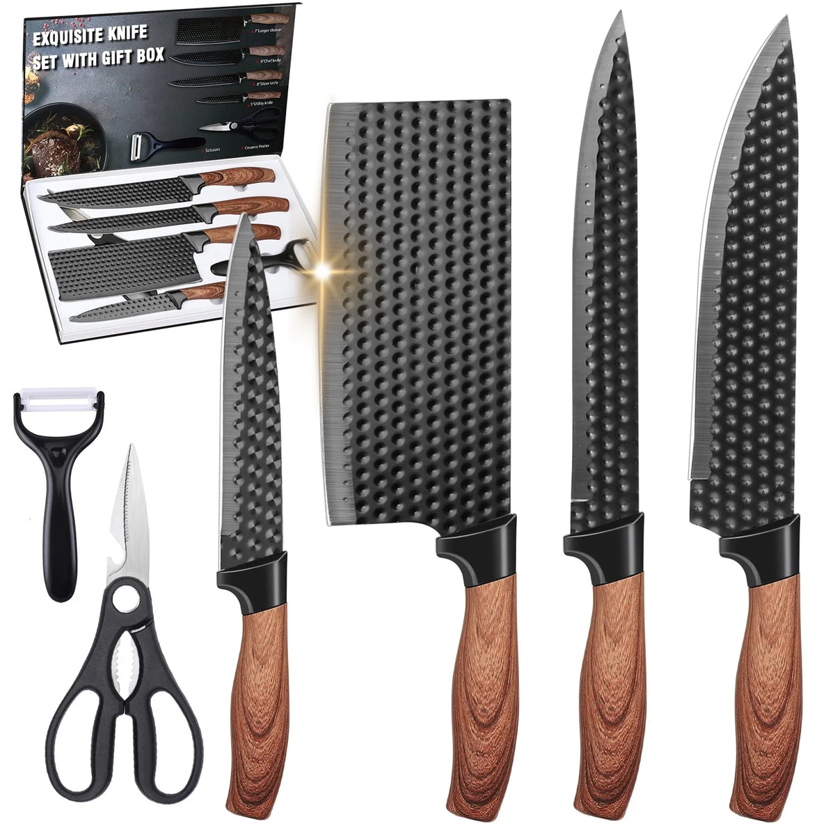 6-Piece Knife Set, AOKIWO Stainless Steel Professional Kitchen Knife Set for Chef, Super Sharp Knife Set with Gift Box for Home Restaurant