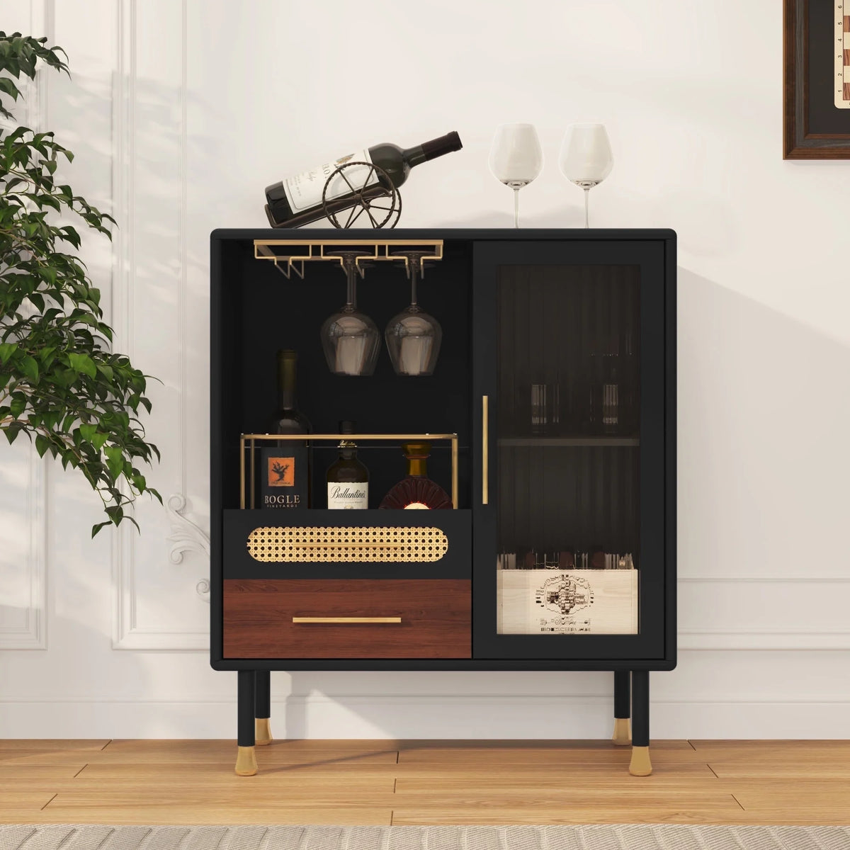 CBJCBJ Wine Bar Cabinet, Modern Coffee Cabinet with 3 Rows of Glass Racks, Sideboard Cabinet, Black