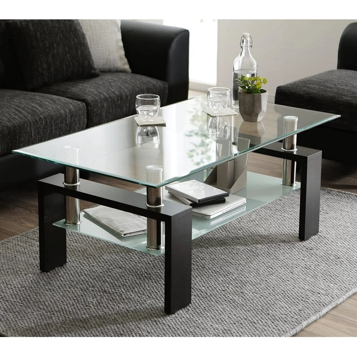 Glass Coffee Table with Lower Shelf, SEGMART Clear Rectangle Glass Coffee Table, Modern Coffee Table with Metal Legs, Rectangle Center Table Sofa Table Home Furniture for Living Room