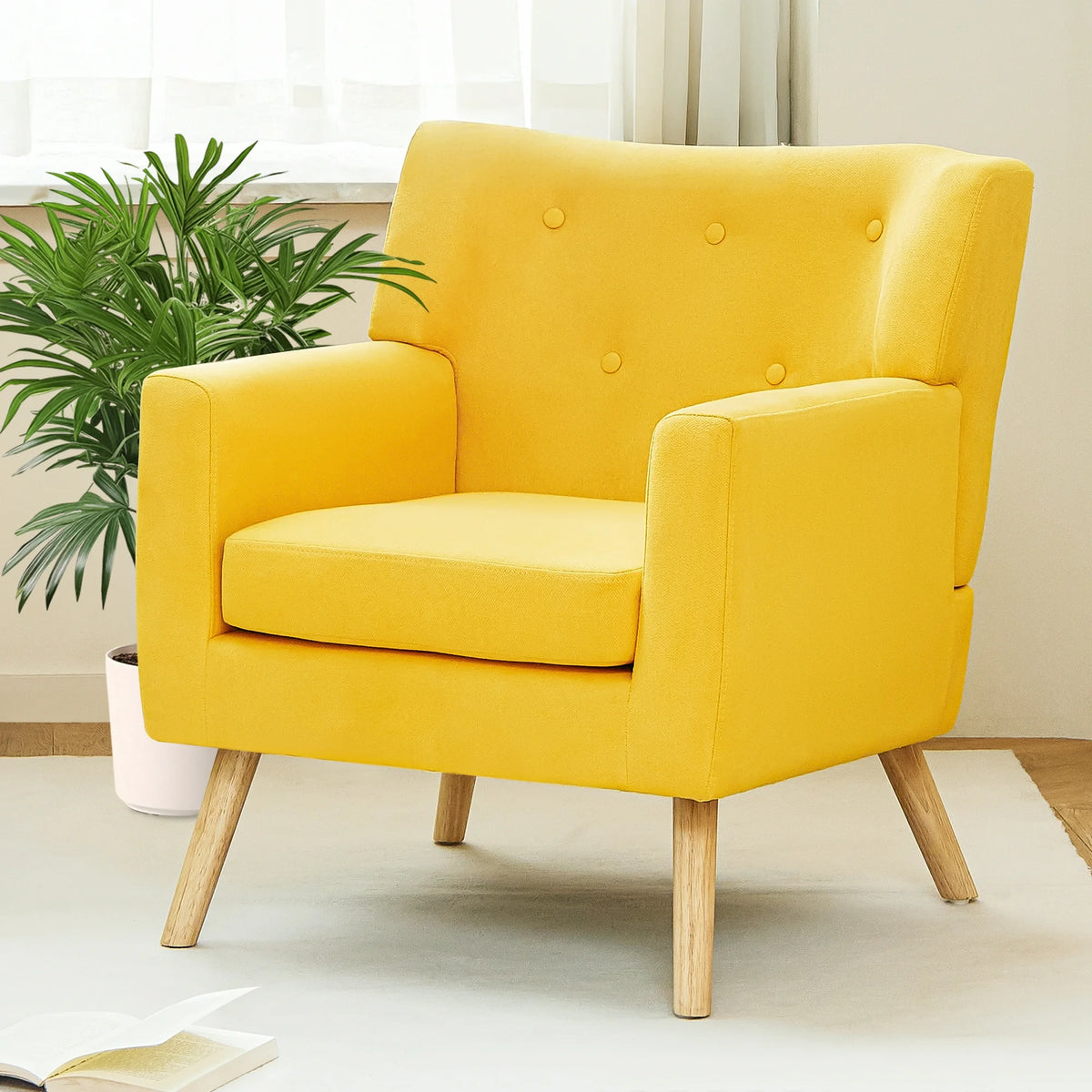 TrumanPick Accent Chair, Modern Upholstered Comfy Sofa Chairs, Fabric Mid-Century Armchair Button Tufted Lounge Chair for Living Room, Bedroom, Yellow