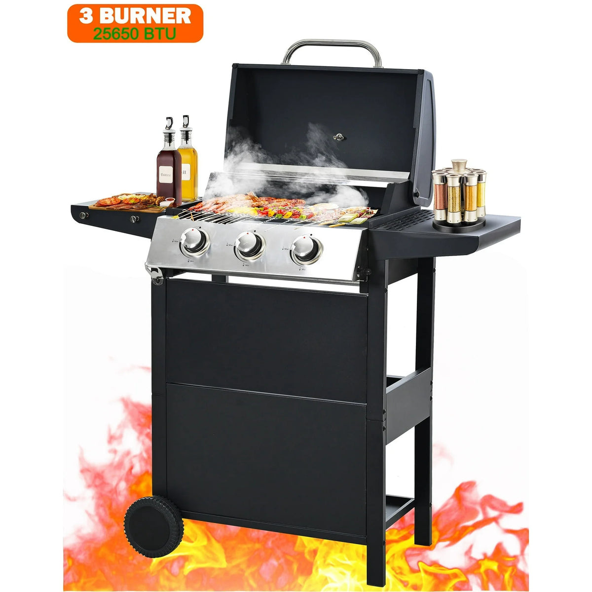 Seizeen 3-Burner Propane Gas Grill, 25,650 BTU Outdoor BBQ on Wheels, with Thermometer and Side Tables
