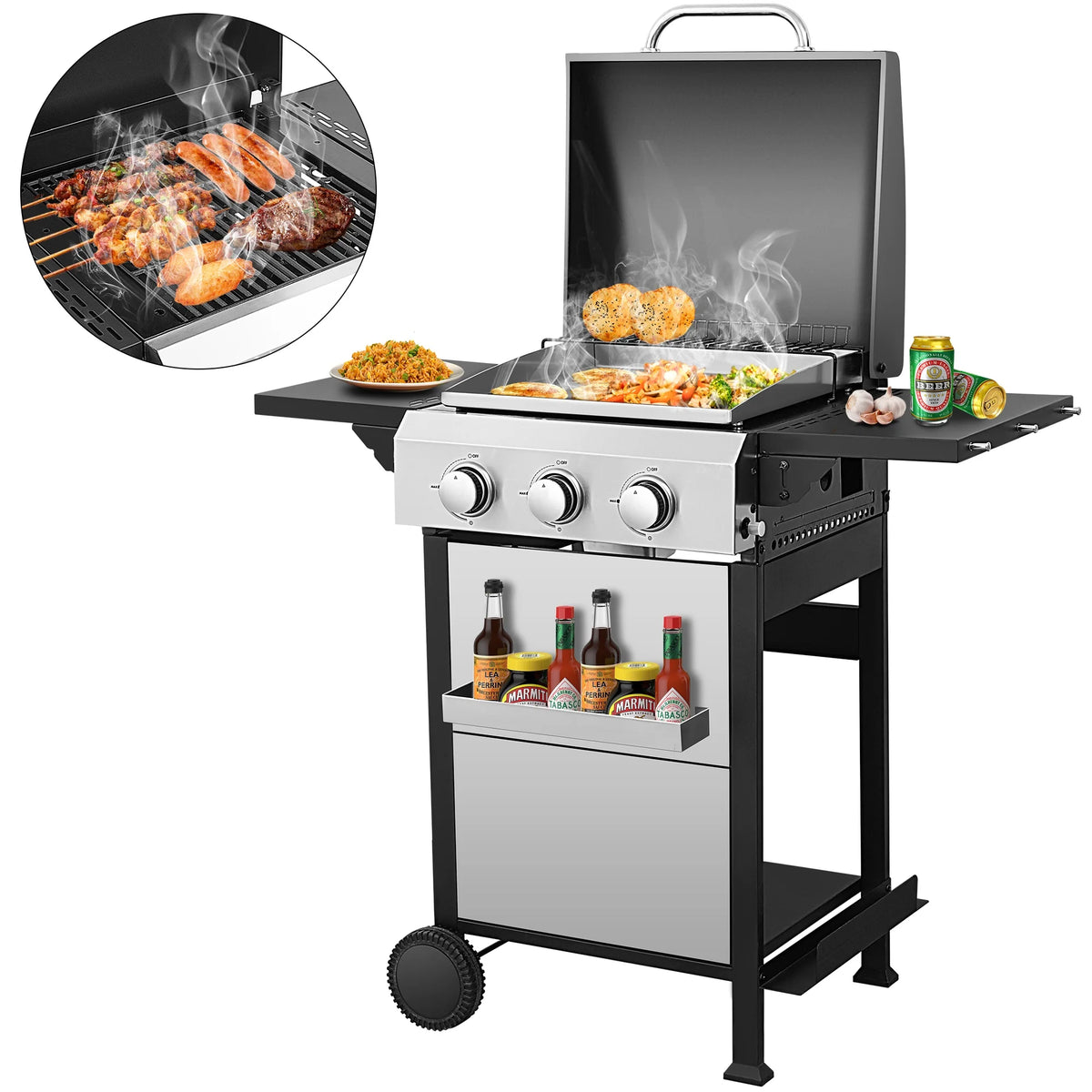 2 in 1 Propane Gas Grill and Griddle Combo, 3 Burner Griddle Grill Combo with Folding Side Tables & Hanging Basket, 36,900BTU Stainless Steel Propane Grill for Outdoor Cooking