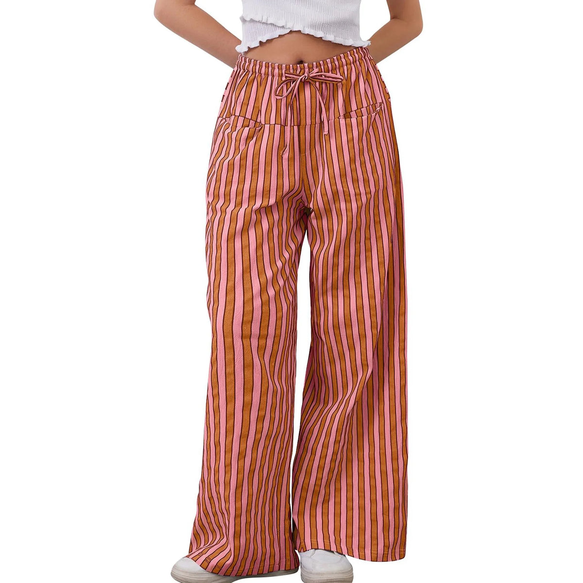 TEMOFON Womens Wide Leg Pants Drawstring Striped Trousers Loose Casual High Waist Pants Comfy gingham pants with Pockets