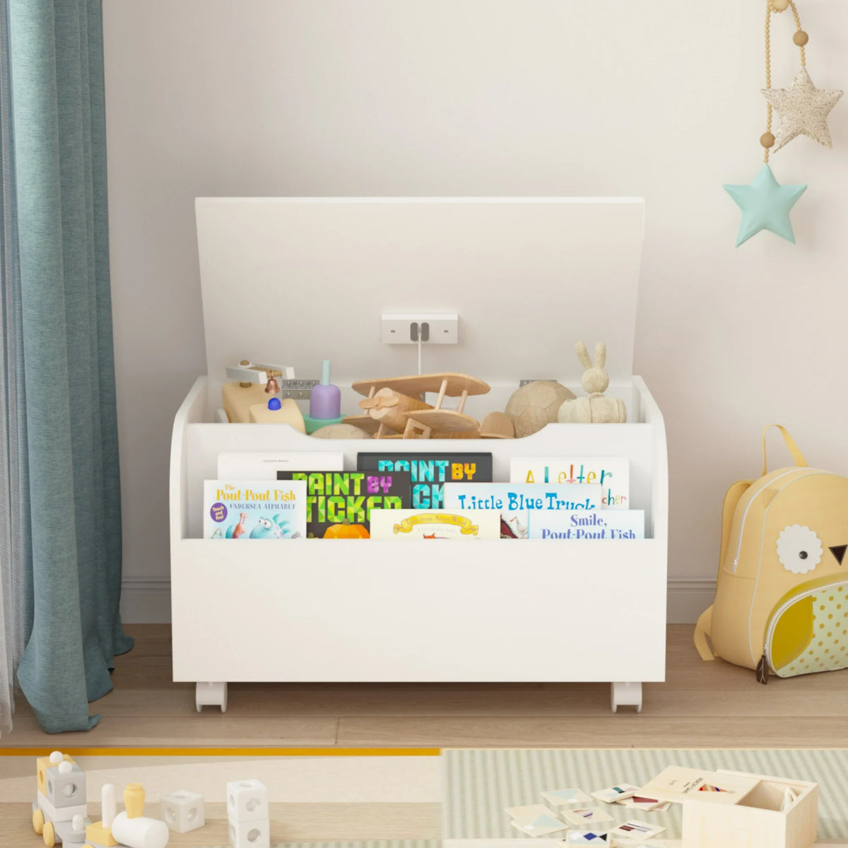 PORKISS Toy Box for Boys Girls, Wooden Kids Toy Storage Organizer with Front Bookshelf, Flip-Top Lid, Safety Hinge, Modern Toy Chest Bench with 4 Wheels for Playroom, Bedroom, White
