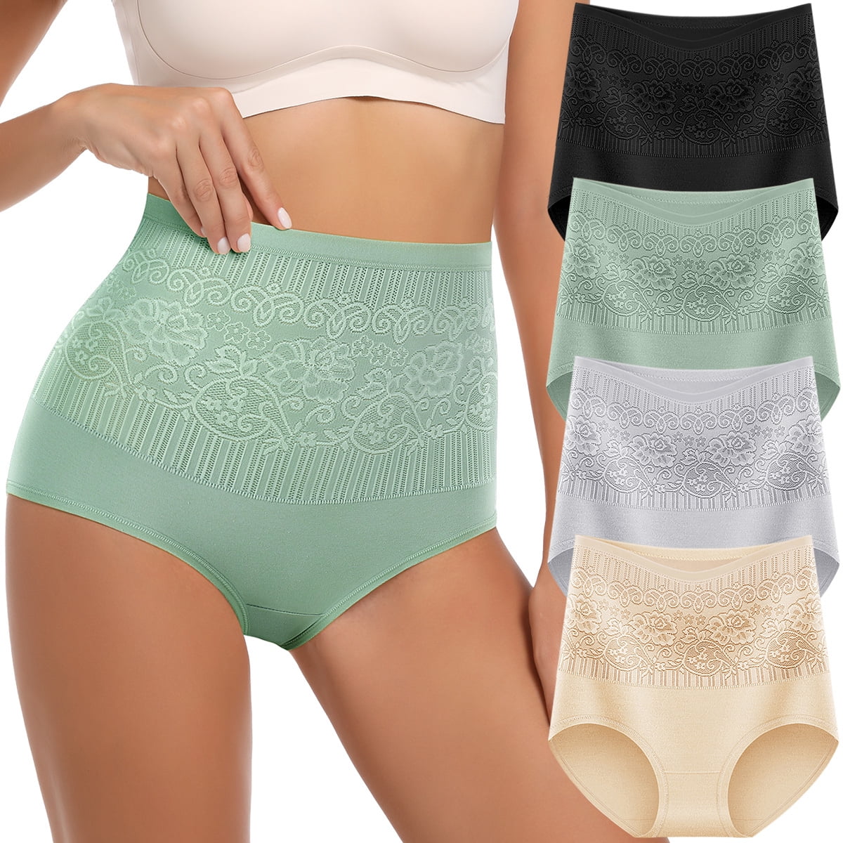 MEIYATING Women's Cotton High Waist Panties - Tummy Control Briefs, 4 Pack