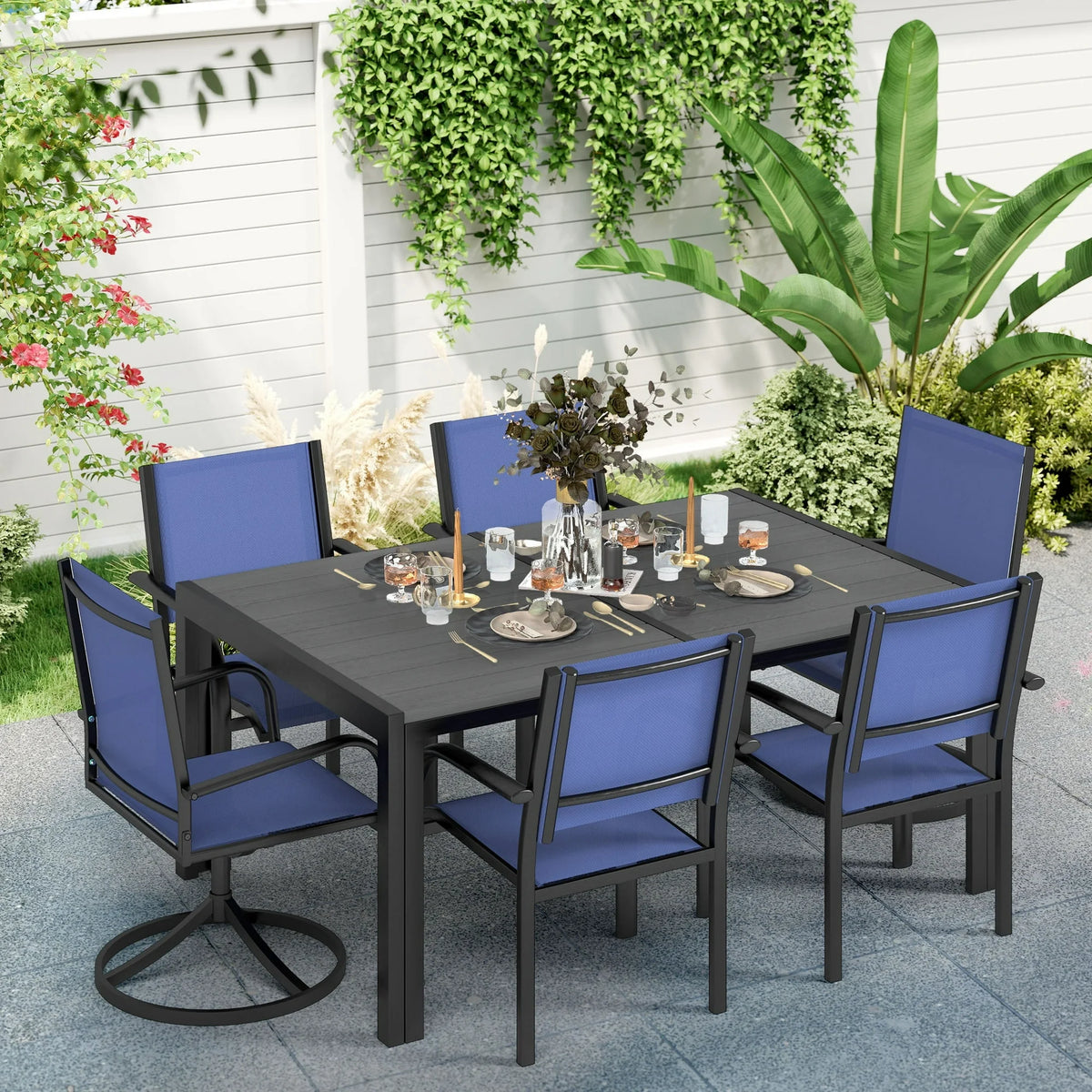 Segmart Outdoor Dining Set for 6 Person, Patio Table and Chairs Set with Textilene Armchairs, Conversation Furniture Set for Backyard, Poolside, Dark Blue