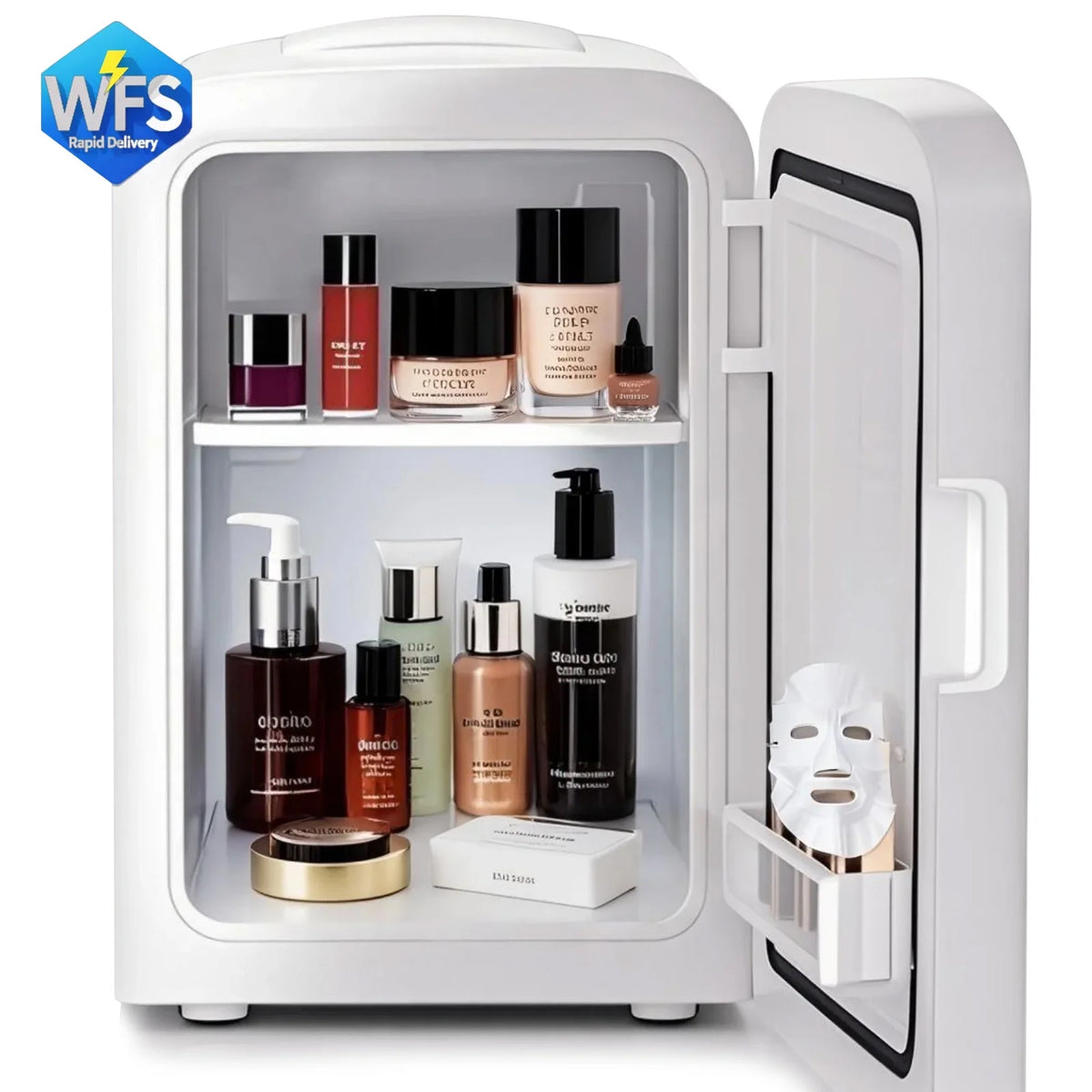 Auseo Mini Fridge Cooler Personal, Countertop, Holds up to 4L/6 Cans, Front Door Stainless Steel, 12v AC/DC, Option for Skincare, Makeup, Drinks, Elegant White