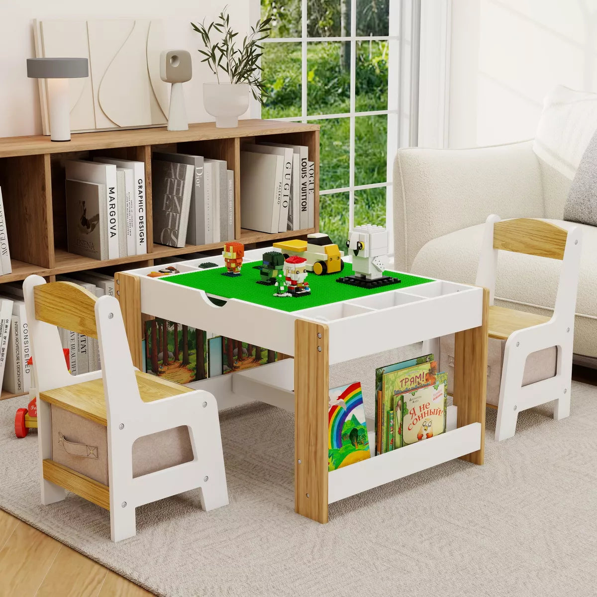 LOVSON 2-in-1 Kids Play Table & Chair Set,7-Storage Compartment Activity Center, LEGO-Compatible Learning Table with 2 Chairs