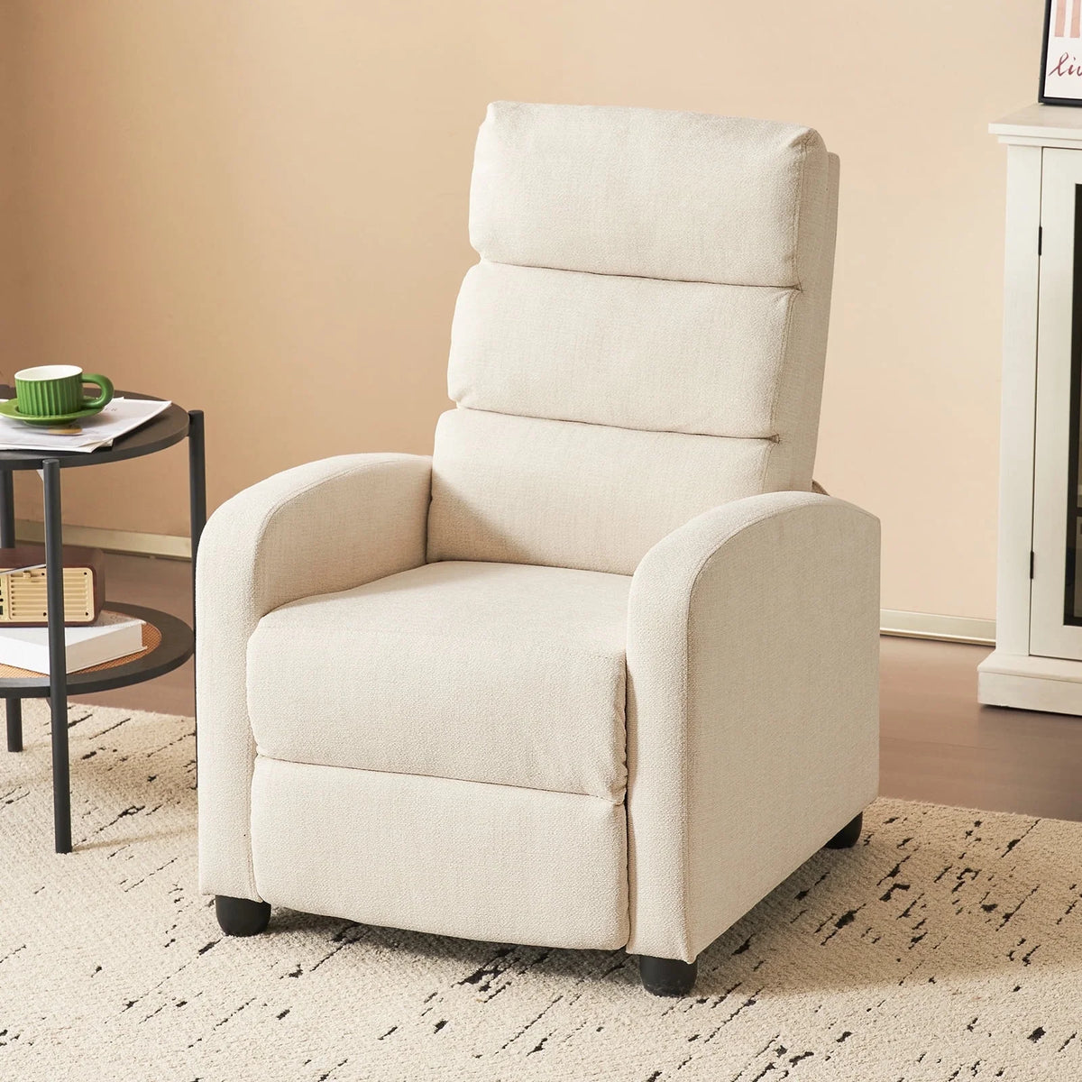 Furniliving Manual Recliner Chair, Upholstered Recliner Sofa with Footrest and Arms, Adjustable Modern Single Sofa with Padded Seat Backrest for Living Room, Beige