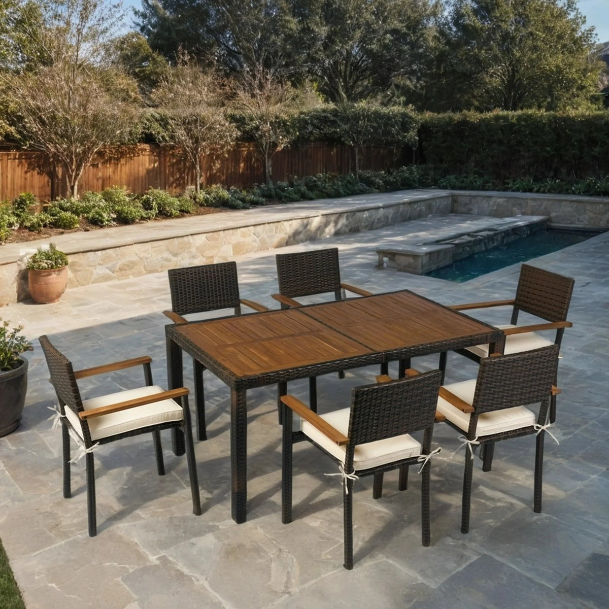7 Piece Indoor Outdoor Wicker Dining Set Furniture, Patio Rattan Furniture Set with Wood Tabletop and Armrest Chairs, All-Weather Sectional Conversation Set with Cushions for Patio Backyard, Deck