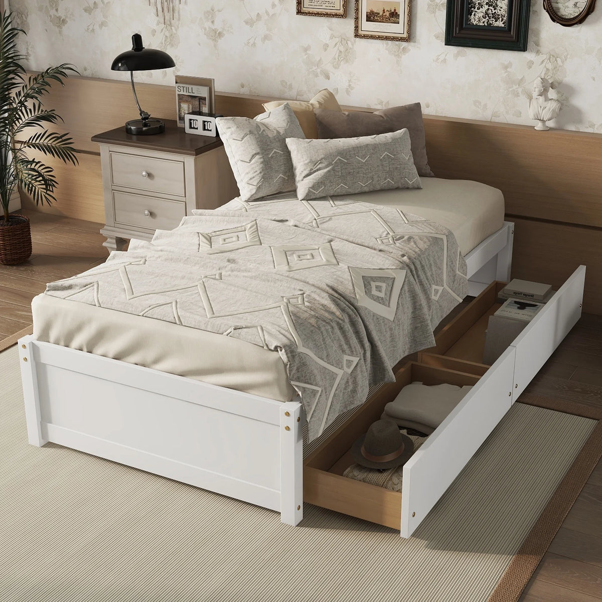 Segmart Twin Daybed Bed for Kid's Room, Farmhouse Style Solid Wood Twin Captain's Bed with 2 Storage Drawers, 200lbs, White