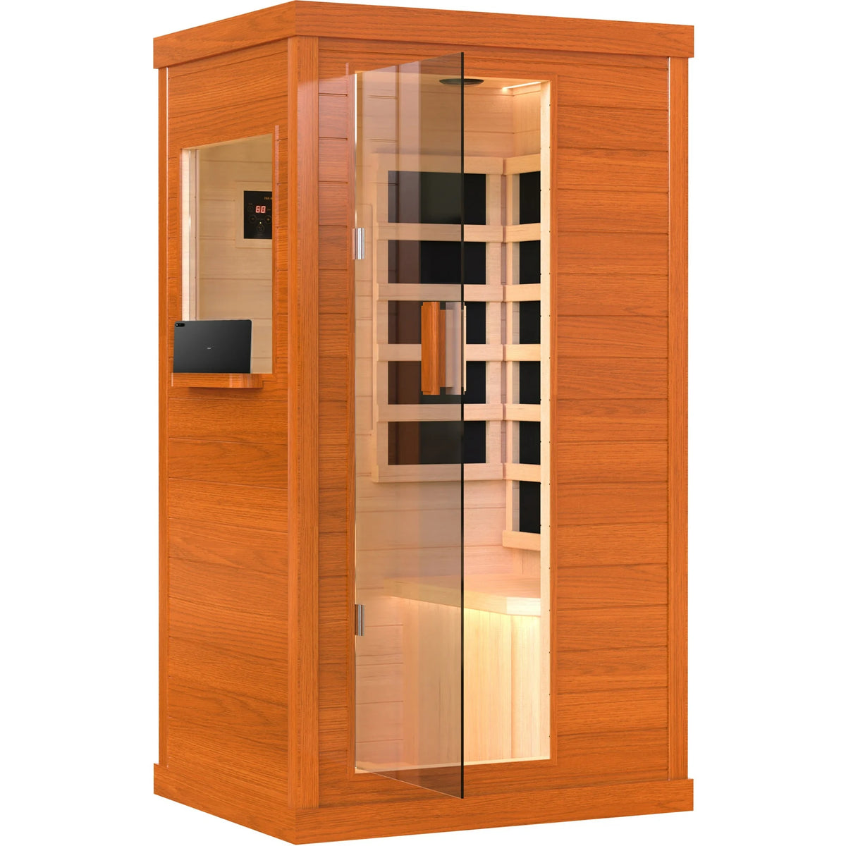 1 Person Infrared Sauna, Okoume Wood Far Infrared Saunas for Home, 9000watt Indoor Personal Sauna Room Box with Control Panel, Glass Door, Blue-Tooth