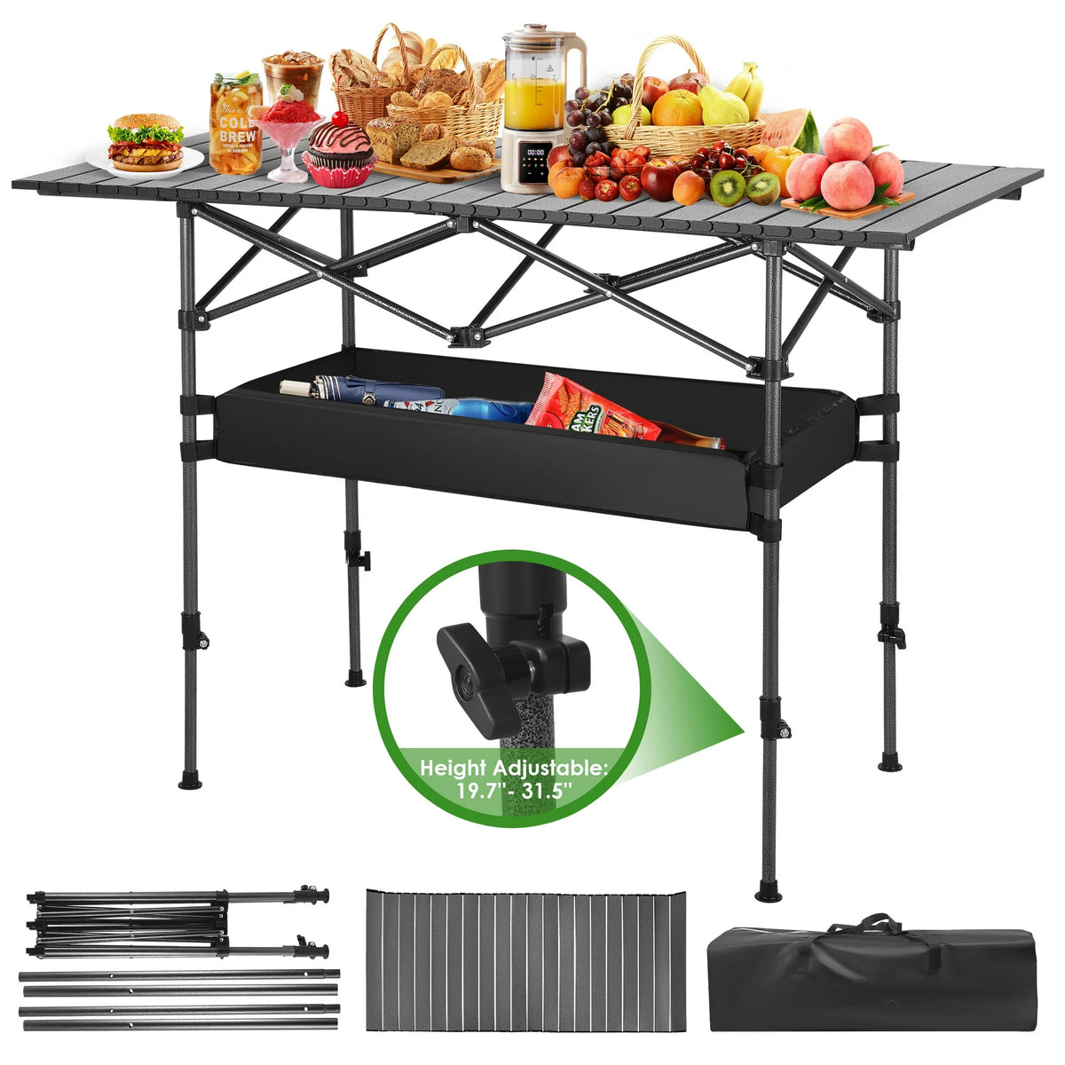 AMTPM Folding Camping Table with Aluminum Construction, Portable Table for 4-6 People,Roll-up BBQ Table with Height Adjustable, Mesh Storage Basket, Perfect for Camping/Picnics/Home Use.