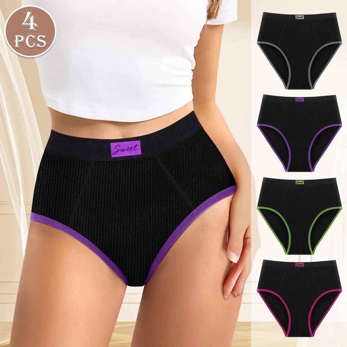 Meiyating Womens High Waisted Underwear Cotton Panties Soft Stretch Breathable Comfy Full Coverage Briefs 4 Pack