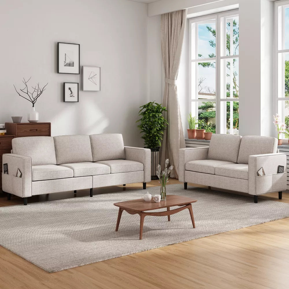 Mjkone 3PCS Convertible Sectional Sofa Set, Linen 3-Seater Sofa & Loveseat Couch with Side Pocket, Storage Ottoman