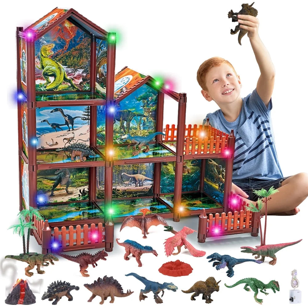 JoyStone DIY Dinosaur House Playset with 12 Figures and 6 Rooms, Pretend Toy for Kids Ages 6-12