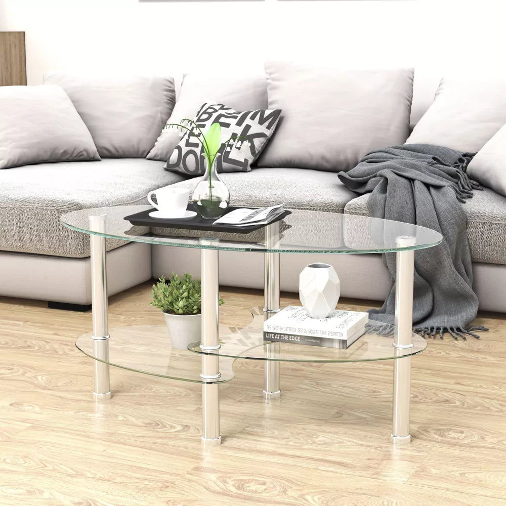 NicBex Coffee Tables for Living Room Modern Transparent Oval Glass Coffee Table Tea Table 3-layer Glass Table with Stainless Steel Leg, Transparent