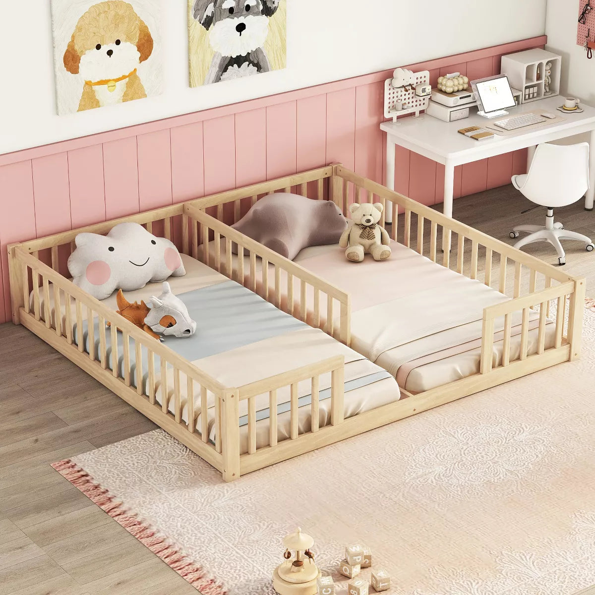 Dolonm Double Twin Floor Bed with Fence, Guardrails, Without Door