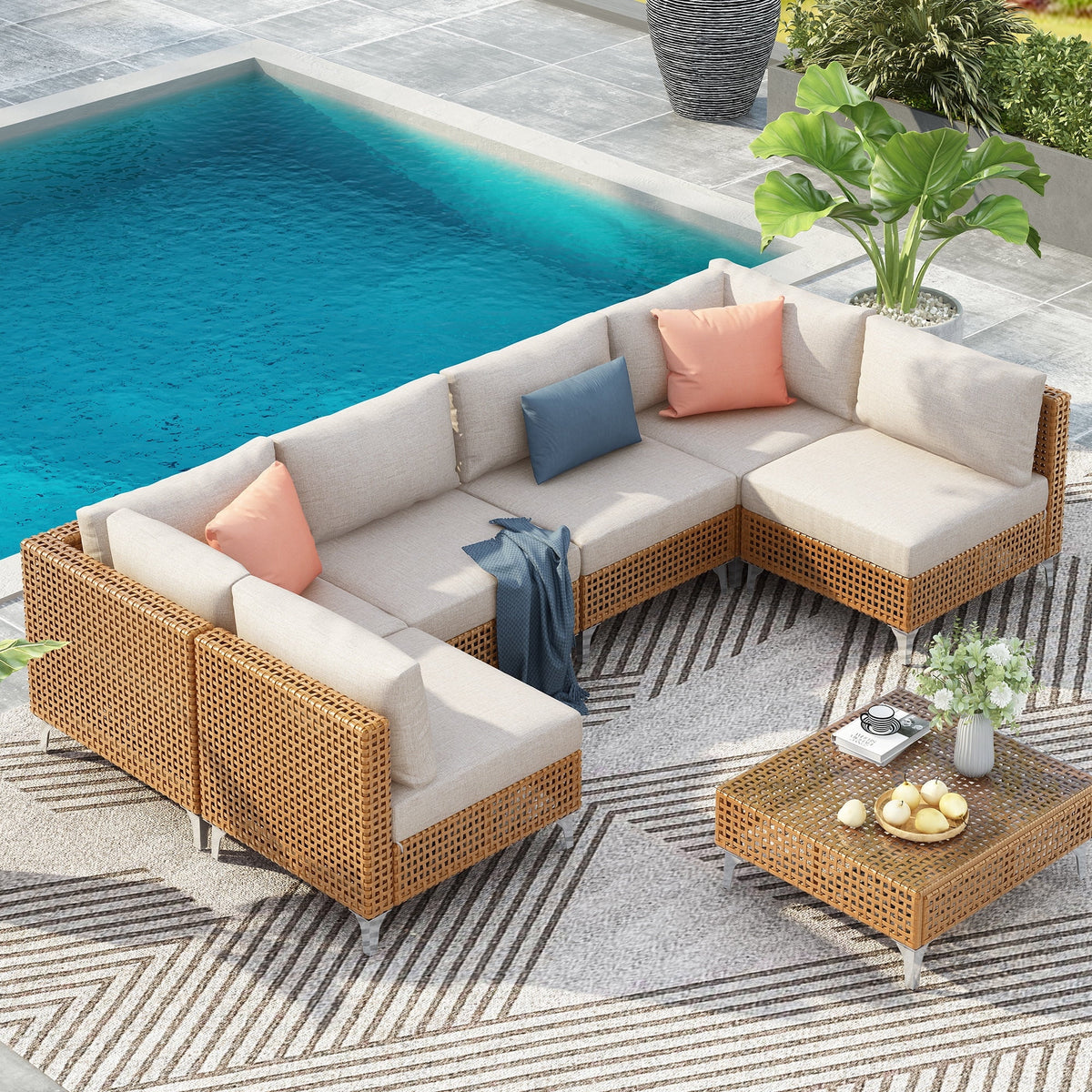 Wicker Sectional Table and Chairs Sets, 7 Pieces Outdoor Wicker Patio Furniture Set with Sectional L-Shaped Chaise Longue, Armchair, Tempered Glass Table for Porch Backyard Garden, Beige