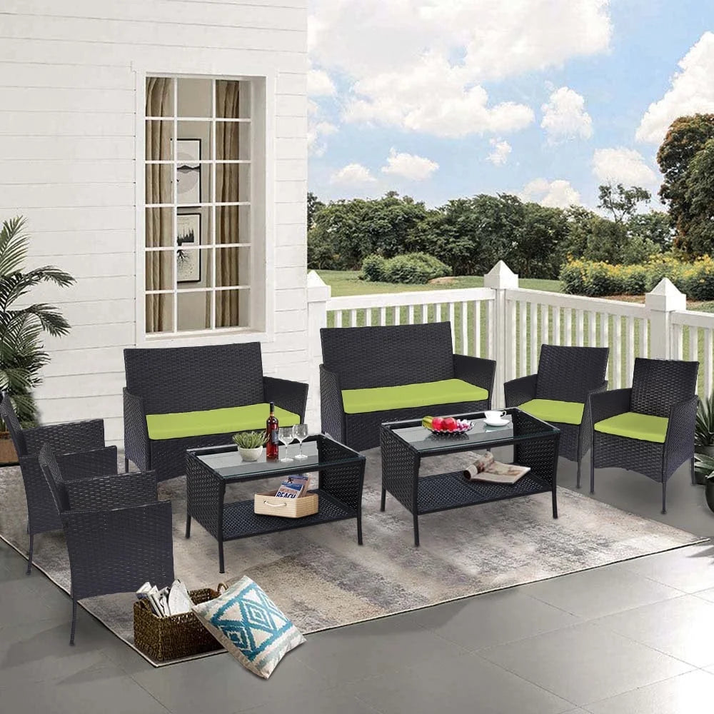 8 PCS Outdoor Patio Bistro Furniture Set, All-Weather Rattan Chair Set, Conversation Furniture Sets Clearance, Cushioned Seat & Glass Table, Bistro Table Set for Porch Garden Poolside Balcony