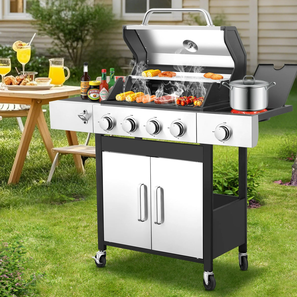 Segmart 4 Burner BBQ Propane Gas Grill with Side Burner, Stainless Steel 46,790 BTU Patio Garden Barbecue Grill with Thermometer, Wheels, and Bottle Opener, Perfect for Camping, Outdoor Cooking