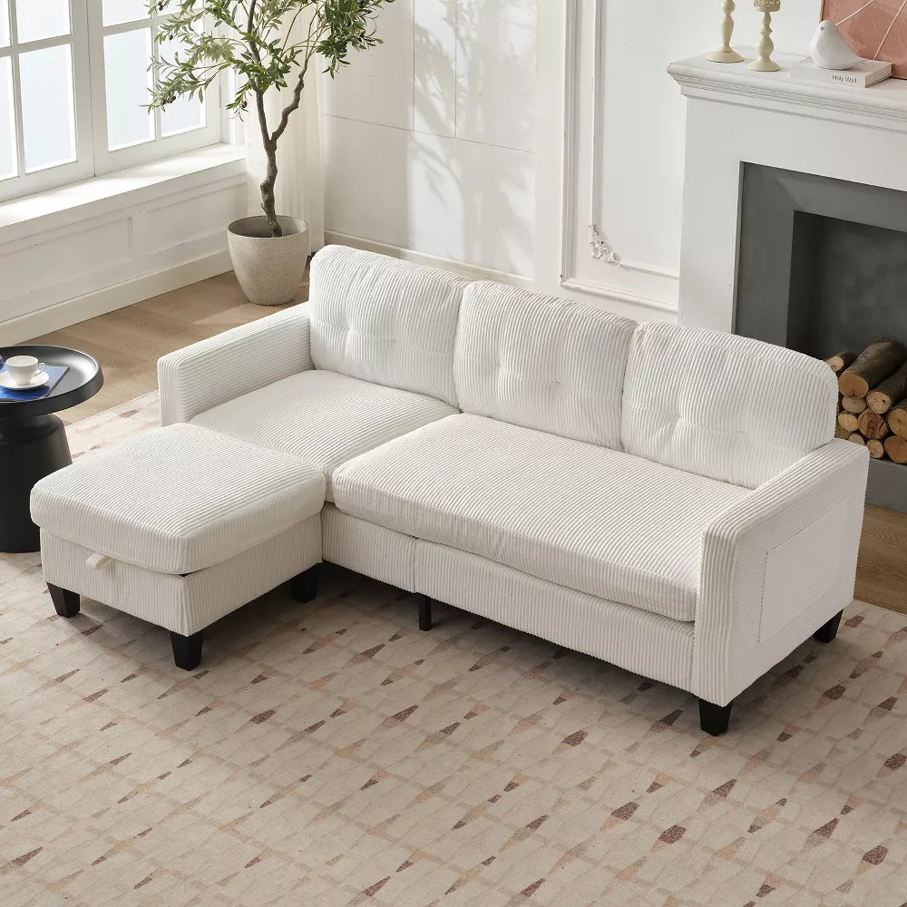Mjkone 76" Convertible L-Shaped Sectional Sofa with Storage Ottoman | Corduroy 3-Seater Couch for Living Room/Office - Comfortable&Space-Saving