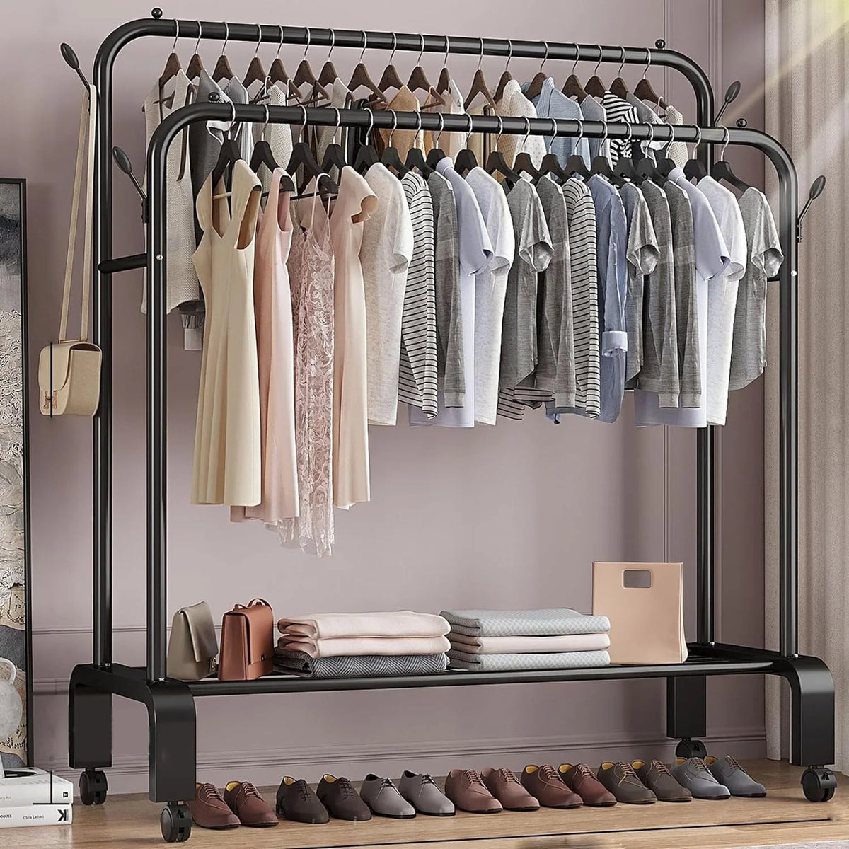 Clothes Rack for Hanging Clothes, Double Rods Clothes Rack with Wheels, Multi-functional Clothing Rack for Bedroom, 4 Hooks
