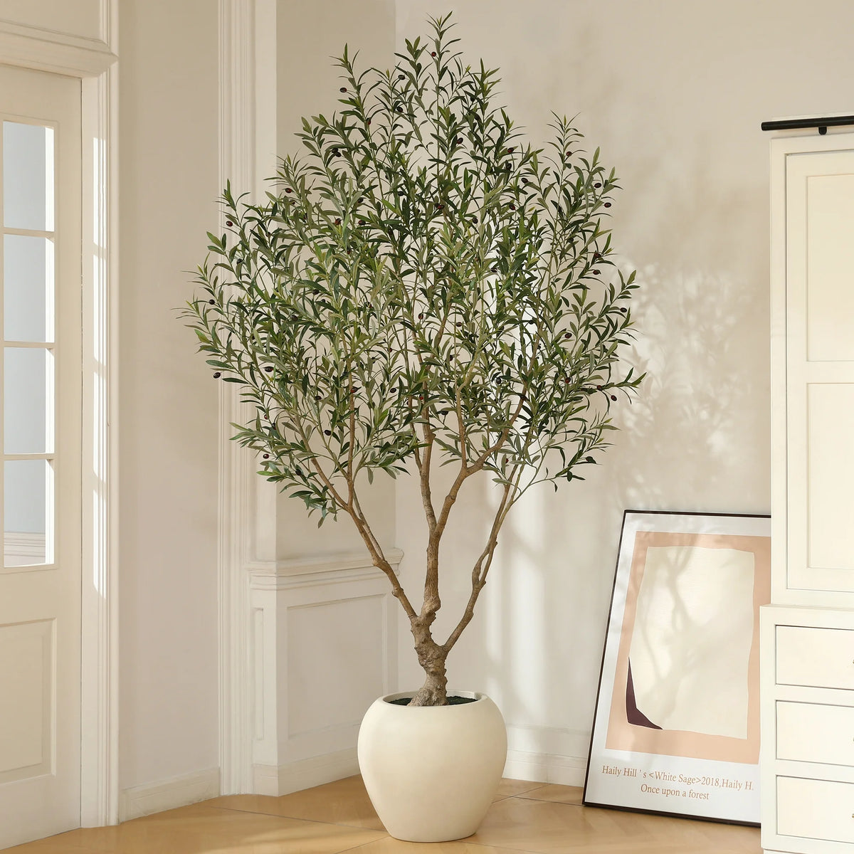 8ft Artificial Olive Tree with 18 inch White Planter, Tall Fake Olive Trees for Indoor, Faux Olive Silk Tree, Large Olive Plants for Home Decor and Housewarming Gift
