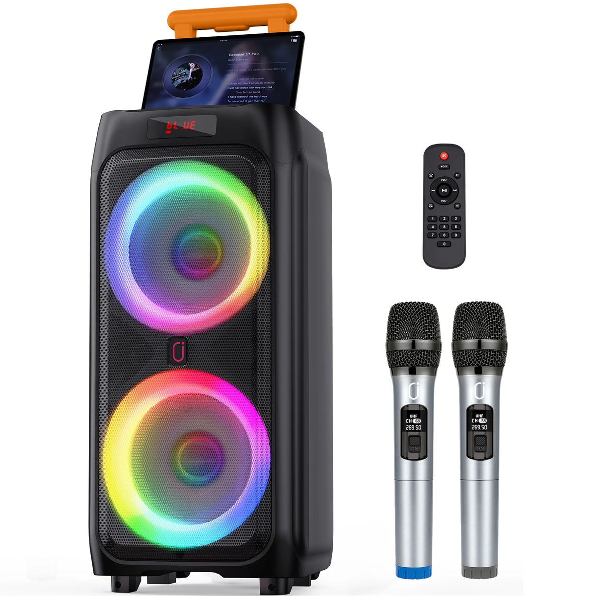 FanFun Large Party Speaker, 8" Big Bluetooth Party Speaker with 500W Peak Power, PA System with LED Disco Light, Rolling Wheels and Trolley, Perfect for Outdoor Home