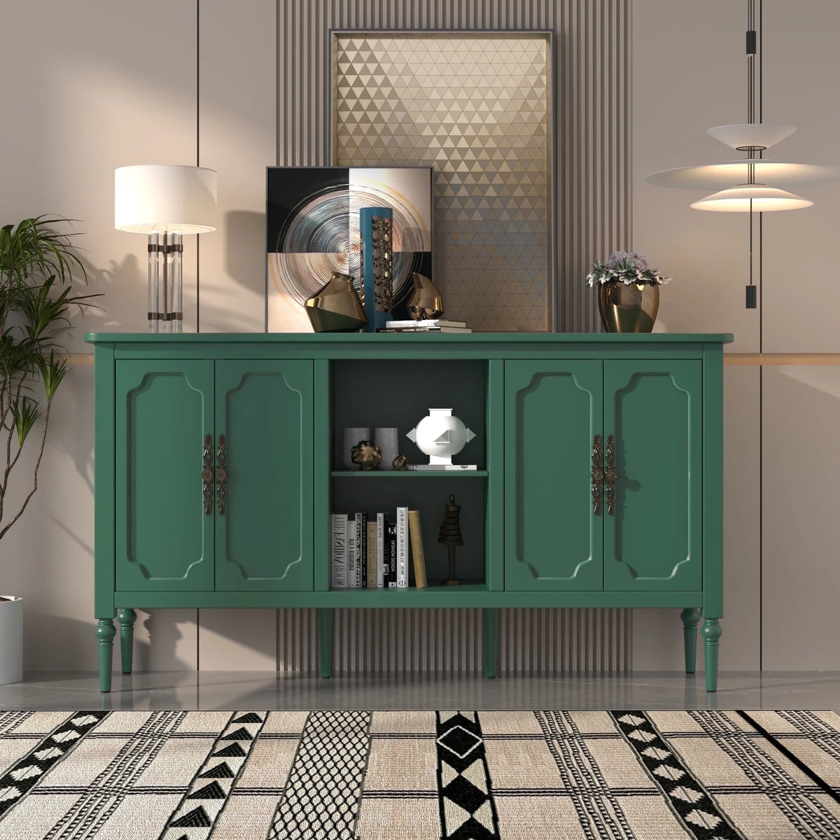CBJCBJ 59" Mid-Century Storage Cabinet with Adjustable Shelves, Double-Layer Open Design for Living Room & Bedroom, Green