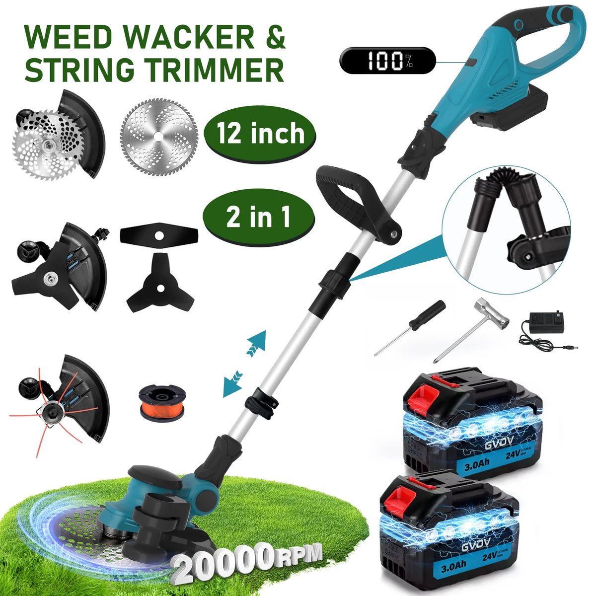GVDV 2 in 1 Weed Wacker and String Trimmer, Brushless Motor, 2 Pcs 24V Batteries, 3 Blades, Adjustable Length - Lightweight Lawn Edger & Brush Cutter for Yard and Garden