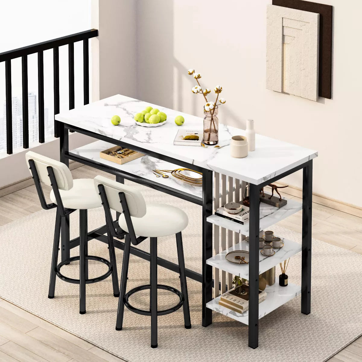 Hooseng 3-Piece Dining Room Table Set with 2 Upholstered Bar Stools, Modern Farmhouse Style Bar Table Set for 2 with Multiple Tier Storage Shelves