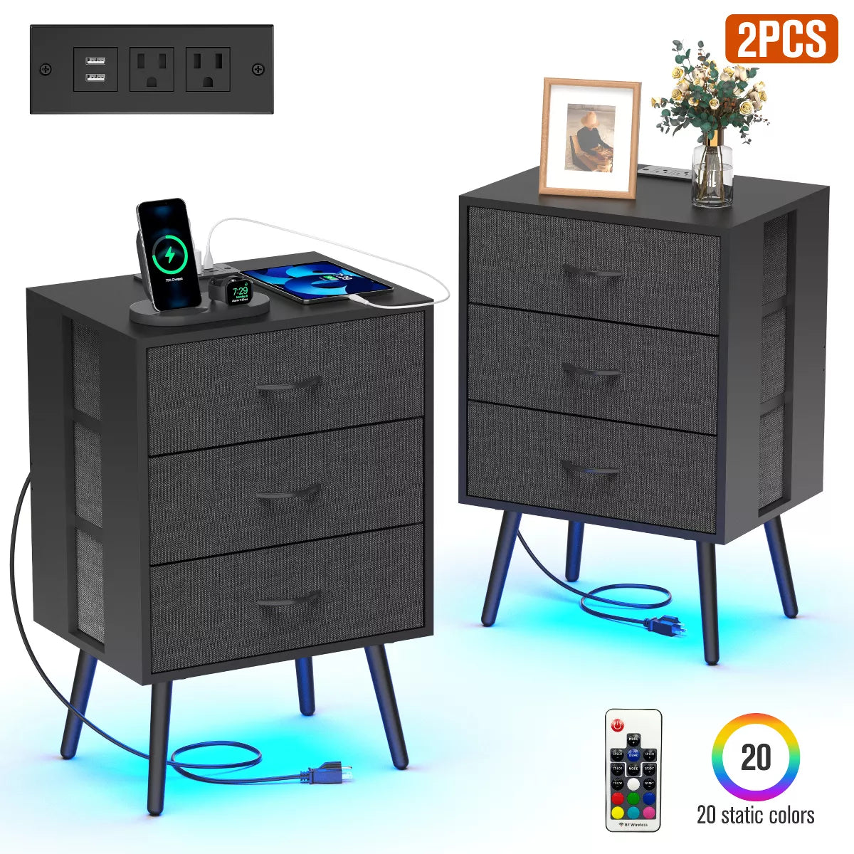 Dolonm Nightstand Set of 2,Nightstand with Power Outlet & USB Ports, Bedside Table with 3 Fabric Drawer & LED Light,for Bedroom