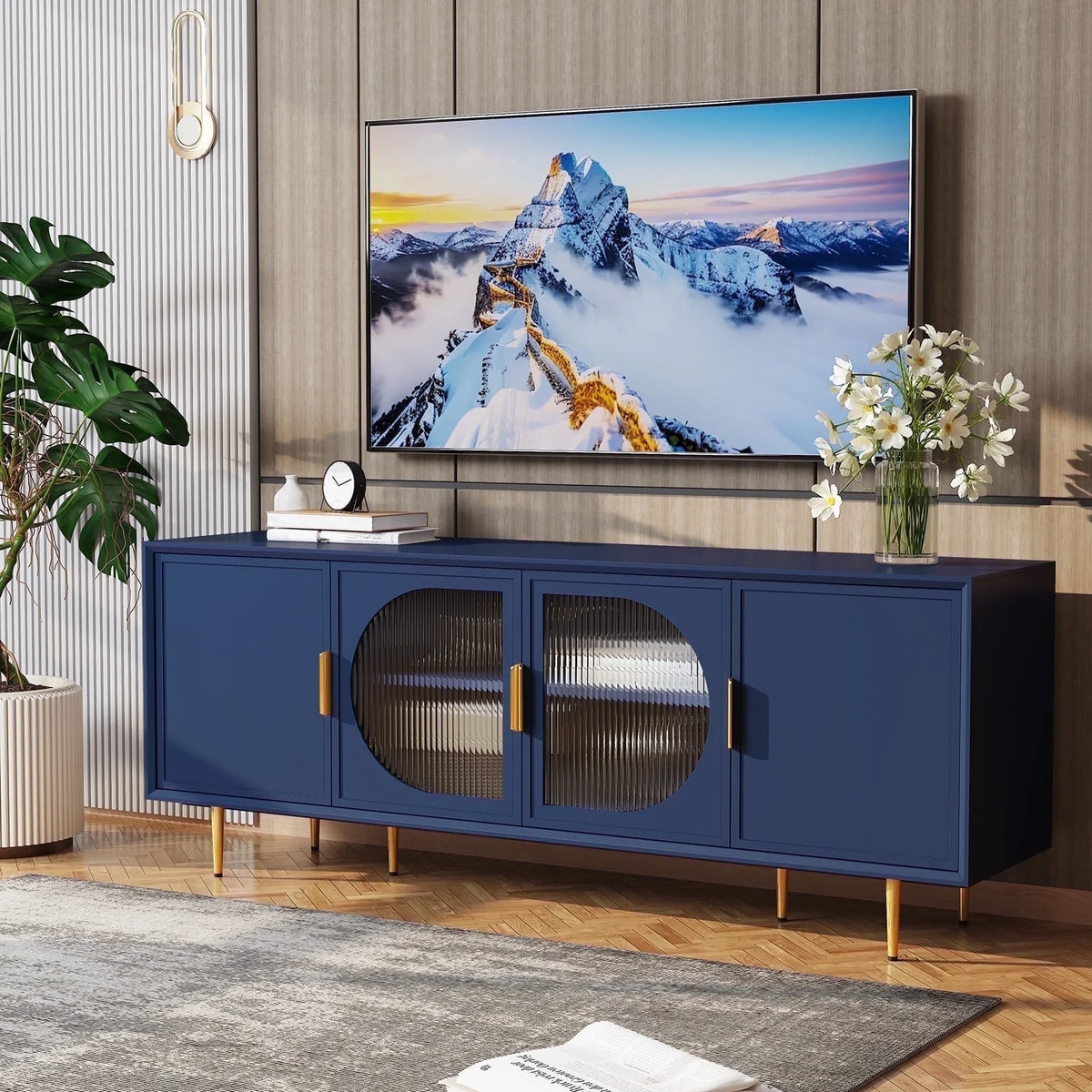 CBJCBJ 66" TV up to 75" Stand for Living Room, Entertainment Center with Glass Storage Cabinet
